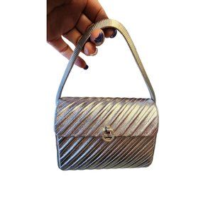 Vintage 80s Silver Snake Chain Handle Leather Evening Bag Signed (A2946)